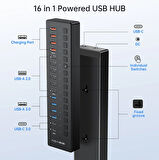 Acasis DS516PB - 16 Port 5Gbps USB-A 3.0, USB 2.0, Type-C 3.0, Akıllı Şarj Portu, Alüminyum Kasa, 60W Güç Adaptörlü, LED Işıklı, USB / Type-C Çoklayıcı , Akıllı Şarj HUB (DS-516PB)