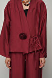 Kadın Gül Detaylı Yandan Bağlamalı Düz Renk Kimono-Ceket
