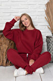 Bordo Kadın 2 Iplik Sweatshirt Kapüşonsuz Takım