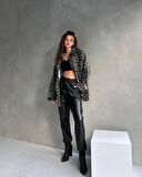 Leopar Desen Çift Cep Oversize Denim Gömlek Ceket