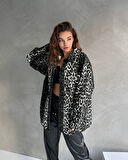 Leopar Desen Çift Cep Oversize Denim Gömlek Ceket