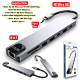 Technow 8 in1 4K Ultra HD Type C USB 3.0 Hub HDMI RJ45 SDTF Adaptör Çoklayıcı 