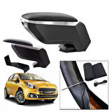 Lüks Set Fiat Punto Evo 2012 Delmesiz Çelik Ayaklı Gri-Siyah Kolçak Kol Dayama, Direksiyon Kılıfı