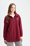 Regular Fit Fermuarlı Dik Yaka Baskılı İçi Yumuşak Tüylü Kalın Kumaş Sweatshirt Tunik