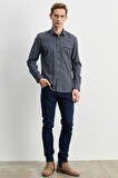 Erkek Lacivert-gri Slim Fit Düğmeli Yaka Pötikareli Flanel Oduncu Gömlek