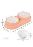 Süslüpati Yükseltilmiş Eğimli 2li Kedi Köpek Mama ve Su Kabı - Çiftli Mama Kabı Pembe