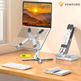 Venture VNT-8001 Ayarlanabilir Katlanabilir 15.6" Alüminyum 360° Döner Başlıklı, Yükseklik ve Eğim Ayarlı, Kaymaz Yüzeyli Notebook Stant Kılıflı