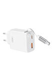 30W Çift Portlu Hızlı Şarj Adaptörü CE31,Dahili USB-C Kablo,USB-A & USB-C Portları,Çekilebilir USB-C