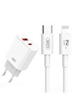CE12 Çoklu Hızlı Şarj Adaptörü|1 Adet Lightning Kablo|2 Cihaz Şarj|1 Type-C 1 Usb-A|20W Max Power