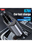 CC62 Araç Hızlı Şarj Cihazı,104W,Type-C 65W Hızlı Şarj,Lightning Kablo,Type-C-Usb Giriş,Siyah