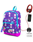 Coral High Kids Mor Pembe Kedi Desenli Dört Bölmeli USBli Okul Sırt Çantası 23264