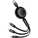 Baseus 66W Makaralı 3in1 Type-C + Lightning + Micro USB Kablo Hızlı Şarj Kablosu (Siyah)