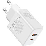 Baseus Cube Type-C + USB Girişli U+C 20W Hızlı Şarj Cihazı iPhone 15 14 13 12 11 Uyumlu Samsung ve Android Uyumlu Beyaz