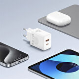 Baseus Cube Type-C + USB Girişli U+C 20W Hızlı Şarj Cihazı iPhone 15 14 13 12 11 Uyumlu Samsung ve Android Uyumlu Beyaz