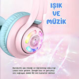 iClever Kedi Kulaklı Led Işıklı Güvenli Ses Sınırlı 50 Saat Oynatma Süreli Bluetooth Çocuk Kulaklığı Pembe