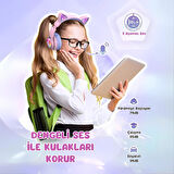 iClever Kedi Kulaklı Led Işıklı Güvenli Ses Sınırlı 50 Saat Oynatma Süreli Bluetooth Çocuk Kulaklığı Lila