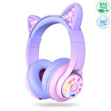 iClever Kedi Kulaklı Led Işıklı Güvenli Ses Sınırlı 50 Saat Oynatma Süreli Bluetooth Çocuk Kulaklığı Granit Pembe