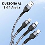 Duzzona A3 3in1 Type-C + iPhone Lightning + Micro USB 3A Hızlı Şarj Kablosu 1.3m