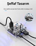 Orico Şeffaf Led Işıklı 5Gbps 4 Portlu USB-A 3.0 Çoklayıcı 30 CM Kablolu