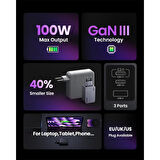 Ugreen Nexode Pro 25874 2xUSB-C+USB-A QC/PD 100W GaN Hızlı Şarj Kablosu ve Adaptörü