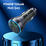 HOCO NZ12D Lucky PD60W 2 Type-C + USB Girişli Araç Çakmaklık Hızlı Şarj Aleti + Type-C to Type-C Kab