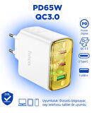 Hoco CS44A Akıllı PD65W + Qc3.0 Gan Usb-C + Usb-A Hızlı Şarj Adaptörü
