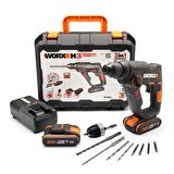 WORX WX390.1 20Volt 2.0Ah. Li-ion 1.2J Profesyonel SDS-Plus Pnömatik Çift Akülü Şarjlı Matkap + 8 Adet Uç + Mandren