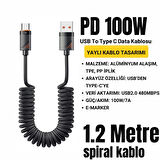 Essager 1.2 Mt E-Marker Çip Sprial Kablo 100W USB-A to USB-C Şarj Kablosu Pd100W Type C Şarj Kablosu