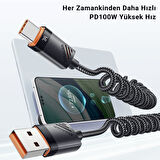 Essager 1.2 Mt E-Marker Çip Sprial Kablo 100W USB-A to USB-C Şarj Kablosu Pd100W Type C Şarj Kablosu