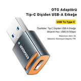 Essager Led Işıklı USB3.0 To Type-C Otg Dönüştürücü Adaptör, 5Gbps Veri Aktarım USB Type-C Dönüştürücü Adaptör