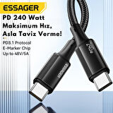 Essager E-Marker Çip 2MT PD3.1 240W Type C Şarj Kablosu 480Mbps Şarj Akım Koruma Kopmaz Kablo 48V/5A