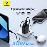 Baseus Şarj Akım Korumalı 2xUSB USB-C Gan 30W Şarj Başlığı İphone 12 13 14 15 16 Pro Max Şarj Aleti