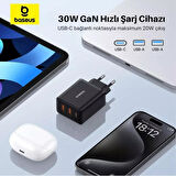 Baseus Şarj Akım Korumalı 2xUSB USB-C Gan 30W Şarj Başlığı İphone 12 13 14 15 16 Pro Max Şarj Aleti