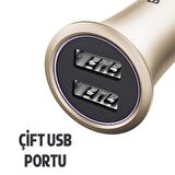 Baseus Trumpet Serisi 3.1A Çift Usb Girişli Metal Araç Şarjı GOLD