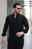 Erkek Siyah Basic %100 Pamuklu Dökümlü Kumaş Uzun Kollu Salaş Gömlek