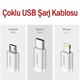 Ugreen 3'ü 1 Arada Örgülü iPhone Type-C Micro USB Şarj Kablosu Silver 1.5 Metre