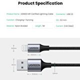 Ugreen Lightning iPhone Örgülü Data ve Şarj Kablosu Siyah 2 Metre