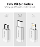 Ugreen 3 in 1 iOS Lightning Type-C Micro USB Şarj ve Data Kablosu Silver