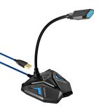 Promate Streamer Mikrofon Oyun Tip USB Girişli Profesyonel HD Esnek LED Işıklı Kayıt İçin Uygun Mikrofon Mavi