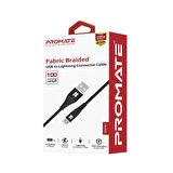 Promate iCord-1 Hızlı Şarj ve Data Kablosu AppleUyumlu  Lightning Kumaş Örgülü 1 mt. Dayanıklı Kablo