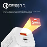 Promate PowerPort-33 Gan 33W Qualcomm Süper Hızlı Type-C PD , USB Ultra Kompakt Duvar Şarj Cihazı, Aşırı Gerilim Koruması Beyaz