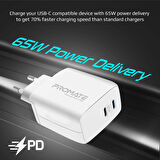 Promate PowerPort-65 GaNFast 65W Süper Hızlı Type-C PD Şarj Cihazı, Tablet, Akıllı Telefon, Notebook Uyumlu Beyaz