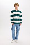 Boxy Fit Polo Yaka Çizgili Sweatshirt