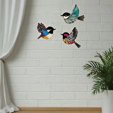 CajuArt Üçlü Ahşap Canlı Renk Kuş Serçe Duvar Dekoru Tablo Süs