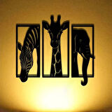 CajuArt Dekoratif Üçlü Hayvan Zebra Zürafa Fil Ahşap Duvar Tablo Dekor 