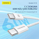 Foneng X110 60W Type-C to Type-C Şarj Data Kablosu İp Örgülü 1,2M Beyaz