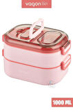 Vagon 1000 ML İki Kat Üç Bölme Paslanmaz Çelik Bento Lunch Box Yeni Nesil Sefer Tası-Sos Kaseli - Pembe - VGN-7081