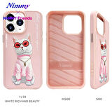 iPhone 13 Pro Max Uyumlu 3D Gözlük Zincir White Kedi Nakış İşlemeli Kabartmalı Cool Glasses Kılıf