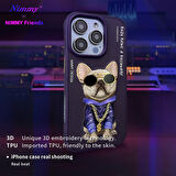 iPhone 13 Pro Uyumlu 3D Gözlük Zincir Mor Köpek Detaylı Nakış İşlemeli Kabartmalı Cool Glasses Kılıf