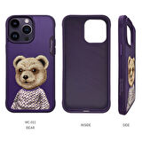 iPhone 14 Pro Max Uyumlu 3D Kıyafet Mor Ayıcık Detaylı Nakış İşlemeli Kabartmalı Fashion Pet Kılıf